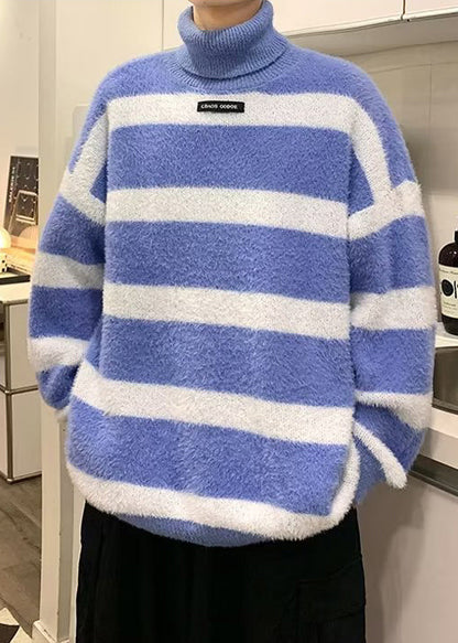 Blue Striped Thick Cozy Mink Hair Knitted Mens Sweater Turtleneck