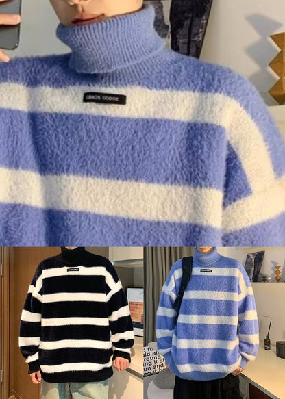 Blue Striped Thick Cozy Mink Hair Knitted Mens Sweater Turtleneck