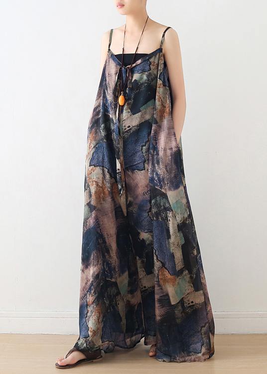 Blue Suspender Print Women Summer New Oversized Wide Leg Pants - SooLinen