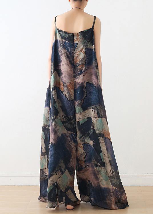 Blue Suspender Print Women Summer New Oversized Wide Leg Pants - SooLinen
