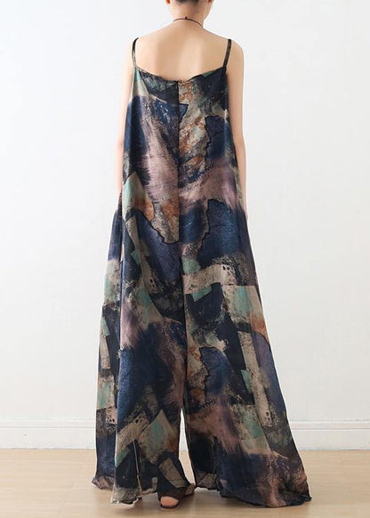 Blue Suspender Print Women Summer New Oversized Wide Leg Pants - SooLinen