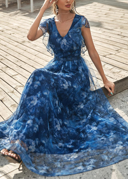 Blue V Neck Patchwork Tulle Long Dresses Short Sleeve