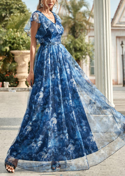Blue V Neck Patchwork Tulle Long Dresses Short Sleeve