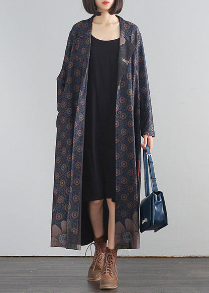 Blauer V-Ausschnitt Print Button Lange Trenchcoats Herbst