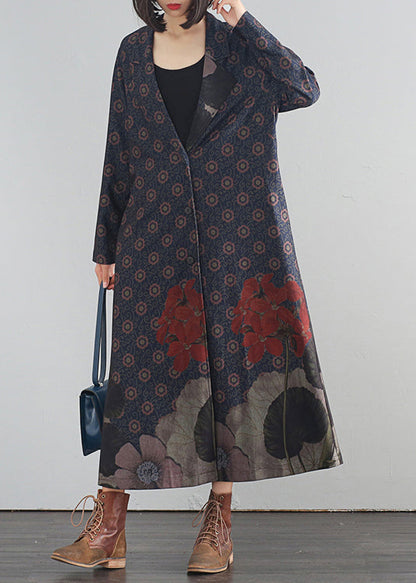 Blauer V-Ausschnitt Print Button Lange Trenchcoats Herbst