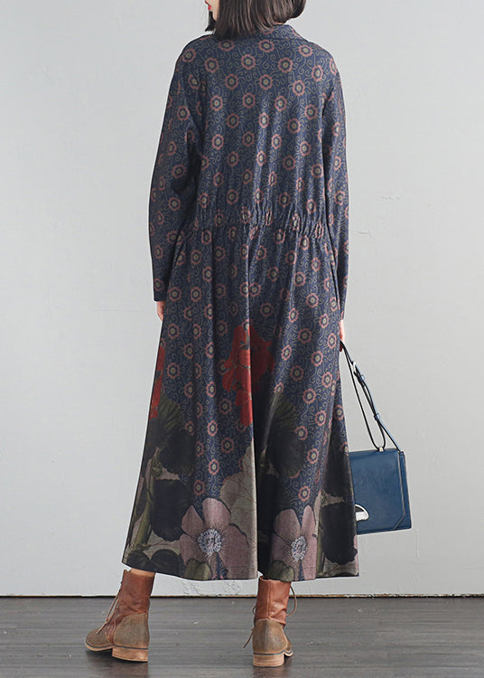Blauer V-Ausschnitt Print Button Lange Trenchcoats Herbst