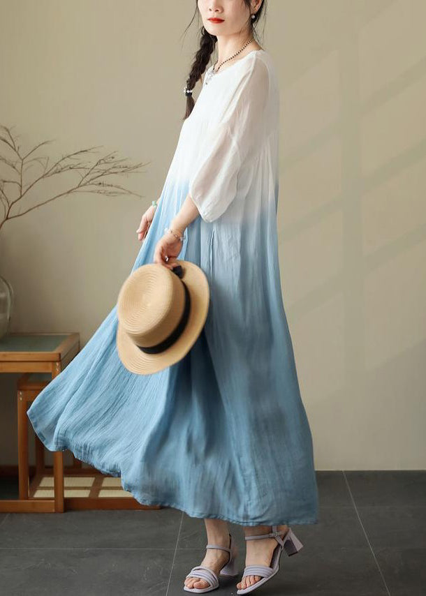 Blue Wrinkled Cotton Dresses O Neck Summer