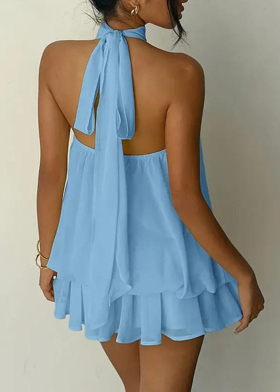 Blue Wrinkled Patchwork Chiffon Mid Dress Summer