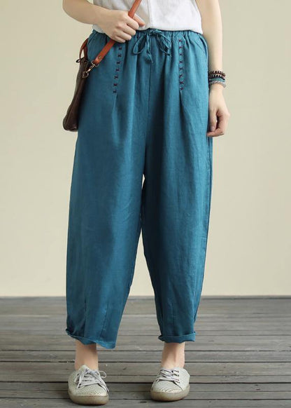 Blue loose casual plus size lace hemp cropped pants - SooLinen