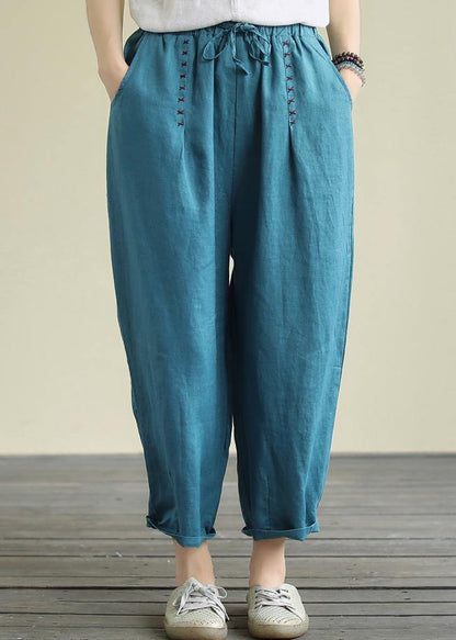 Blue loose casual plus size lace hemp cropped pants - SooLinen