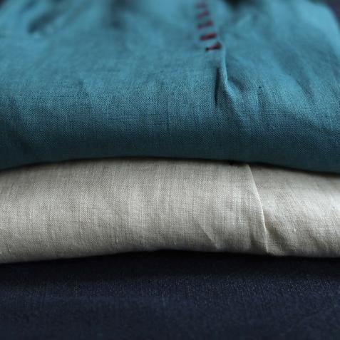 Blue loose casual plus size lace hemp cropped pants - SooLinen