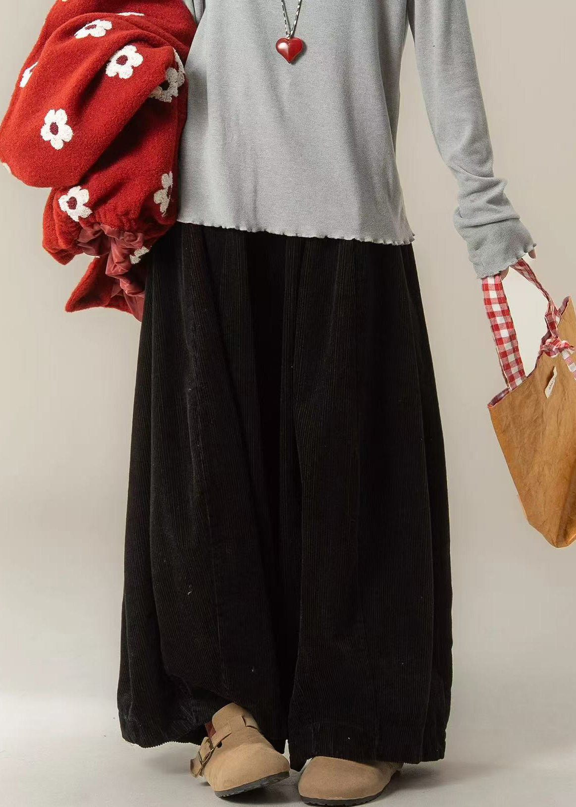 Bobo Black Elastic Waist Corduroy Wide Leg Pants Spring