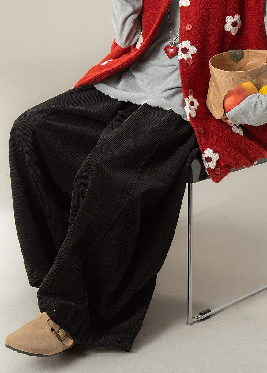 Bobo Black Elastic Waist Corduroy Wide Leg Pants Spring