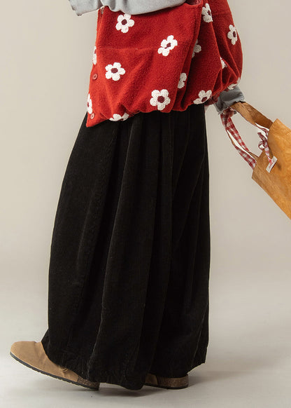 Bobo Black Elastic Waist Corduroy Wide Leg Pants Spring