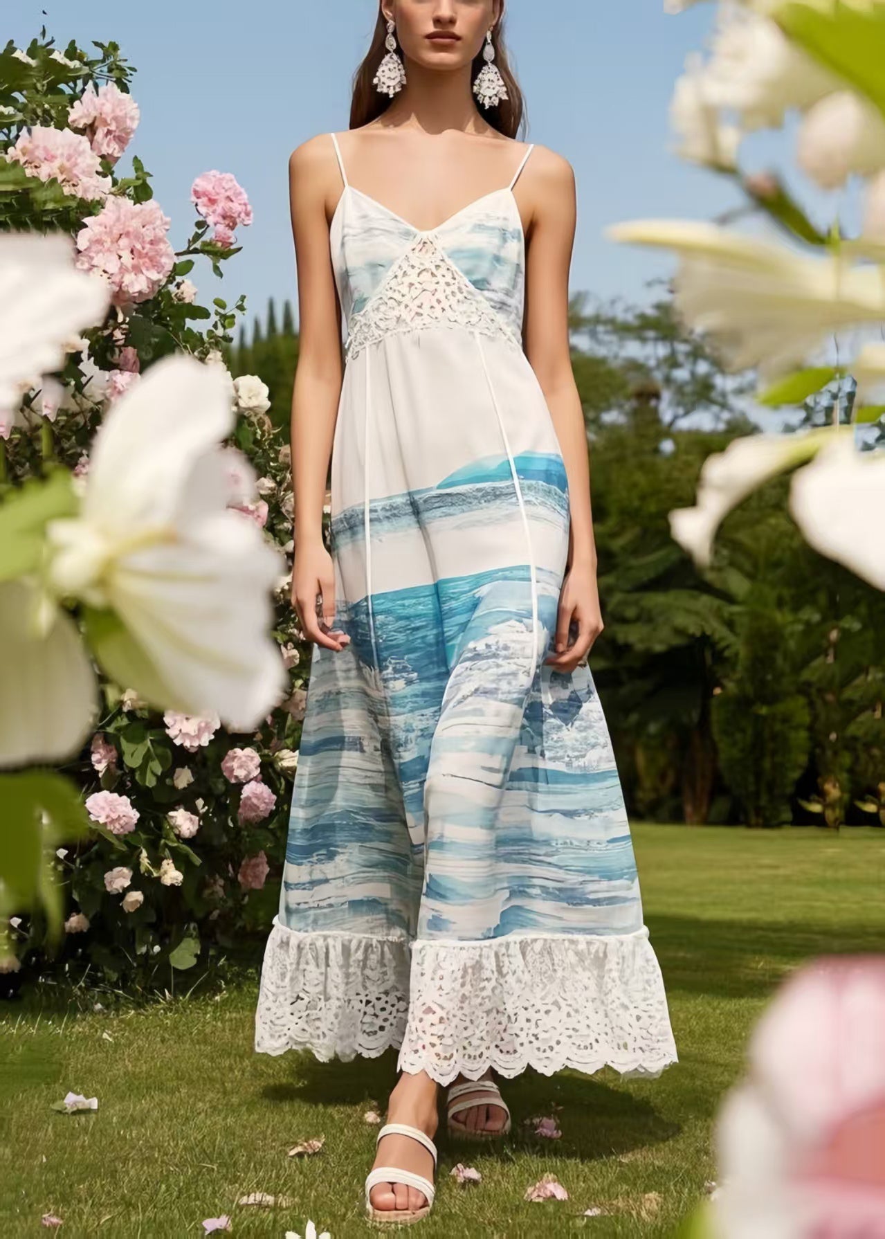 Bobo Sea Blue Print Patchwork Chiffon Beach Dress Summer