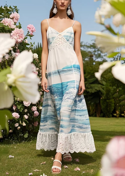 Bobo Sea Blue Print Patchwork Chiffon Beach Dress Summer