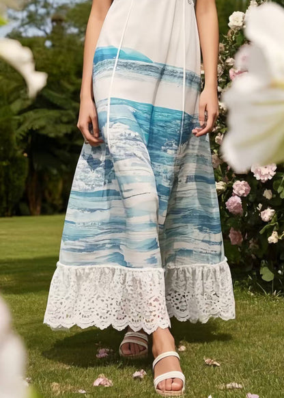 Bobo Sea Blue Print Patchwork Chiffon Beach Dress Summer