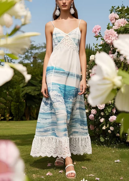 Bobo Sea Blue Print Patchwork Chiffon Beach Dress Summer