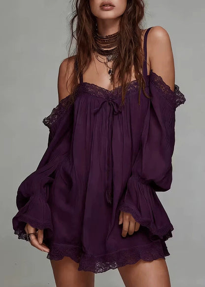 Bohemian Apricot Cold Shoulder Patchwork Lace Mini Dress Long sleeve