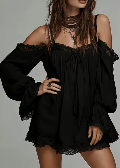 Bohemian Apricot Cold Shoulder Patchwork Lace Mini Dress Long sleeve