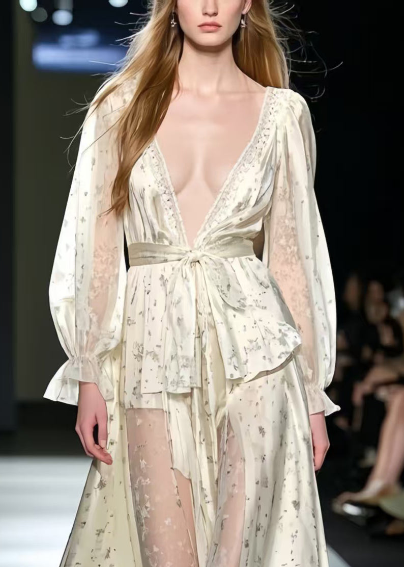 Bohemian Apricot Deep-V Print Silk Holiday Dress Summer