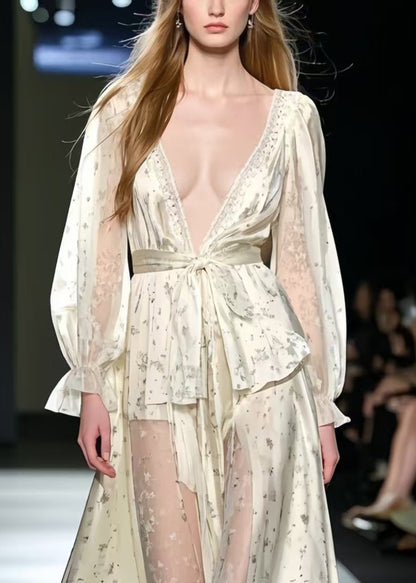 Bohemian Apricot Deep-V Print Silk Holiday Dress Summer