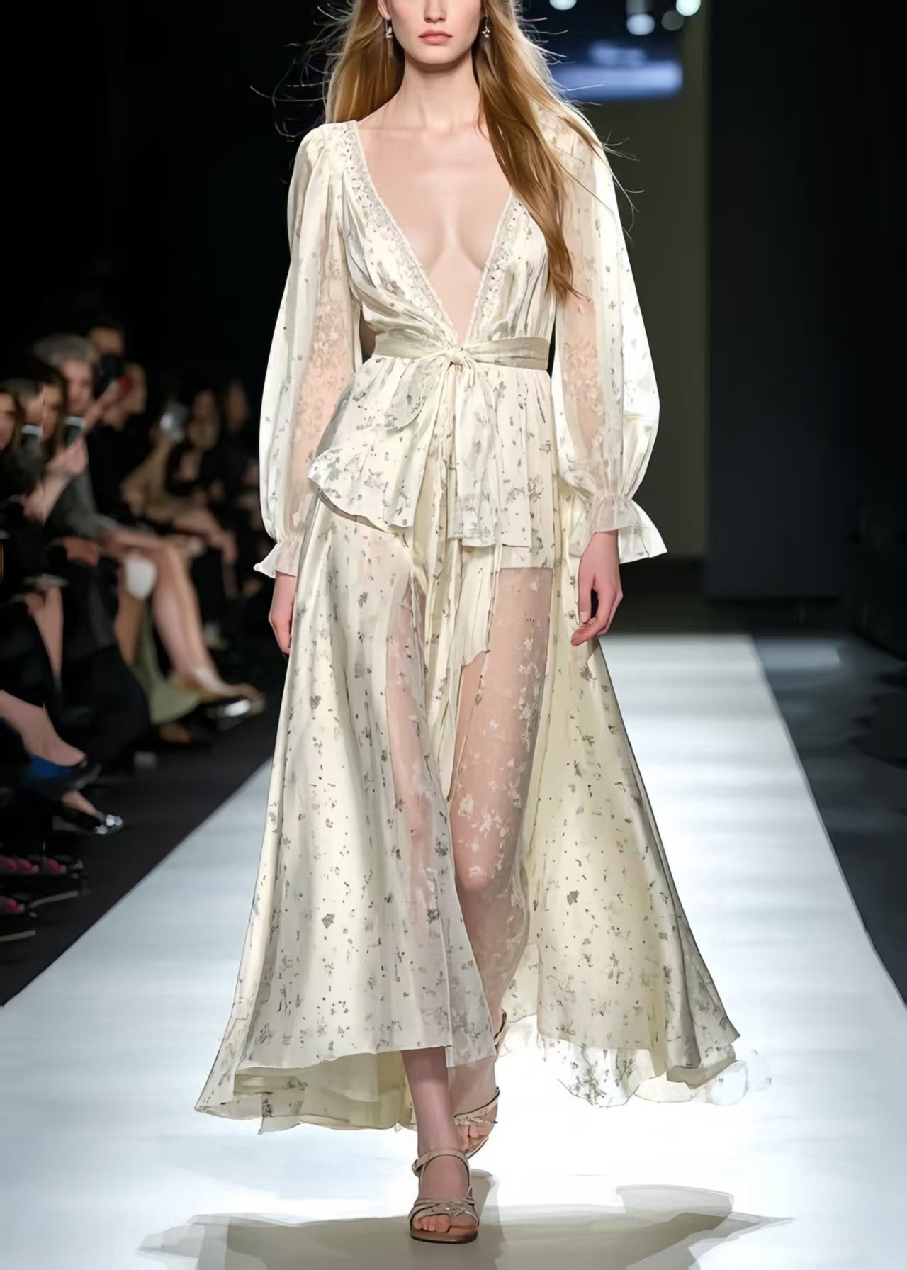 Bohemian Apricot Deep-V Print Silk Holiday Dress Summer