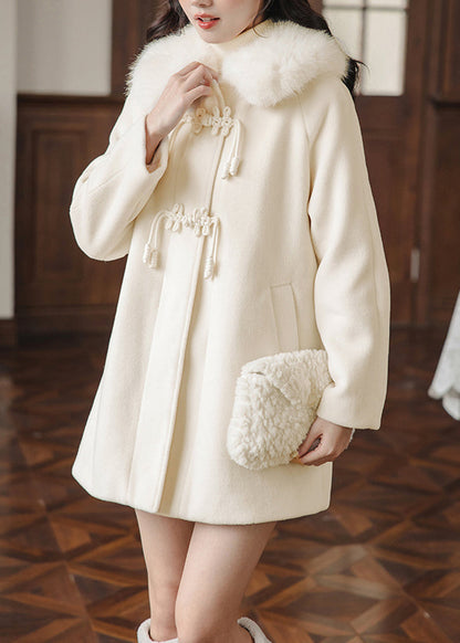 Bohemian Apricot Fur Collar Chinese Button Woolen Trench Winter