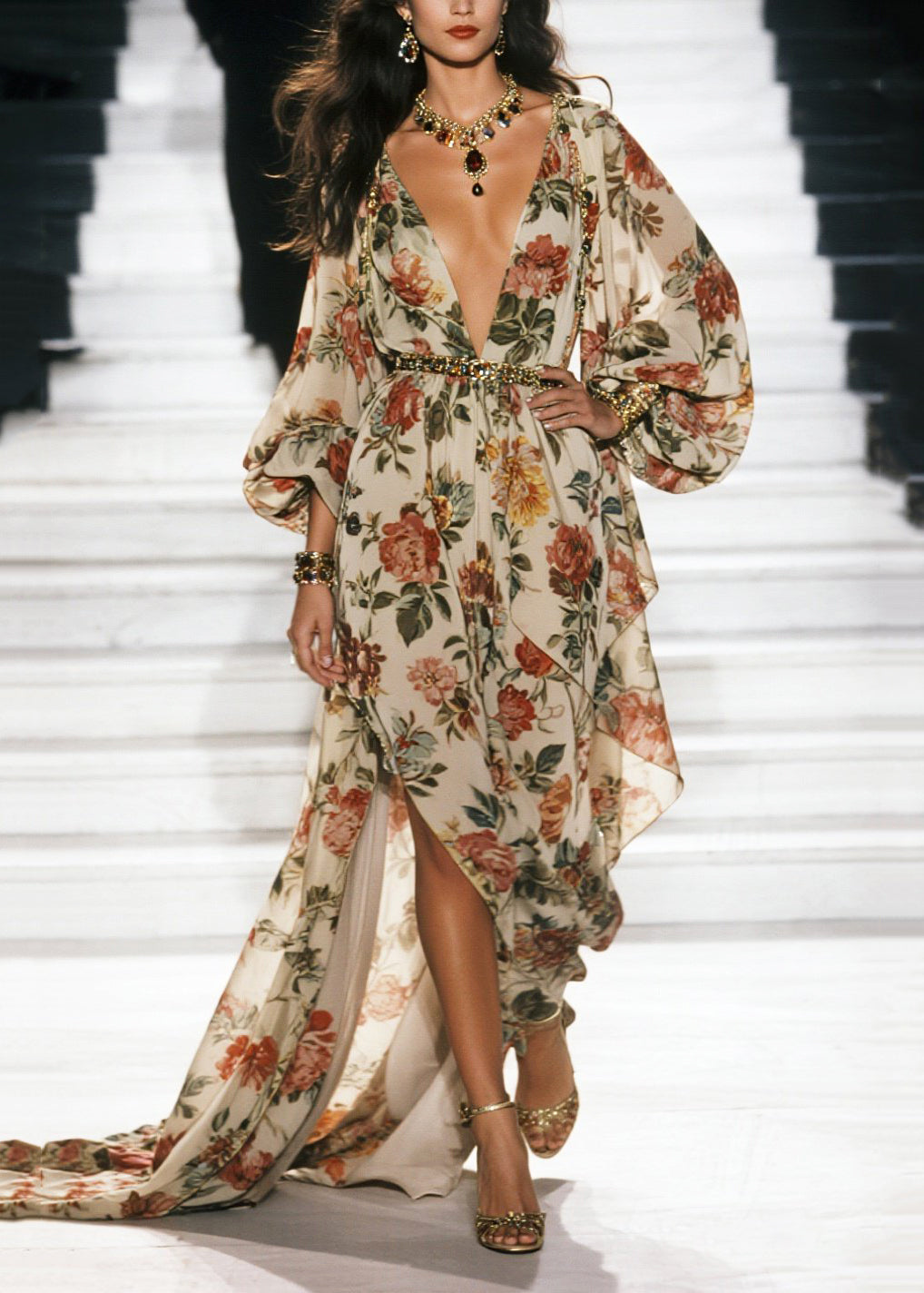 Vestido playero de gasa con dobladillo extragrande y estampado bohemio de albaricoque para primavera