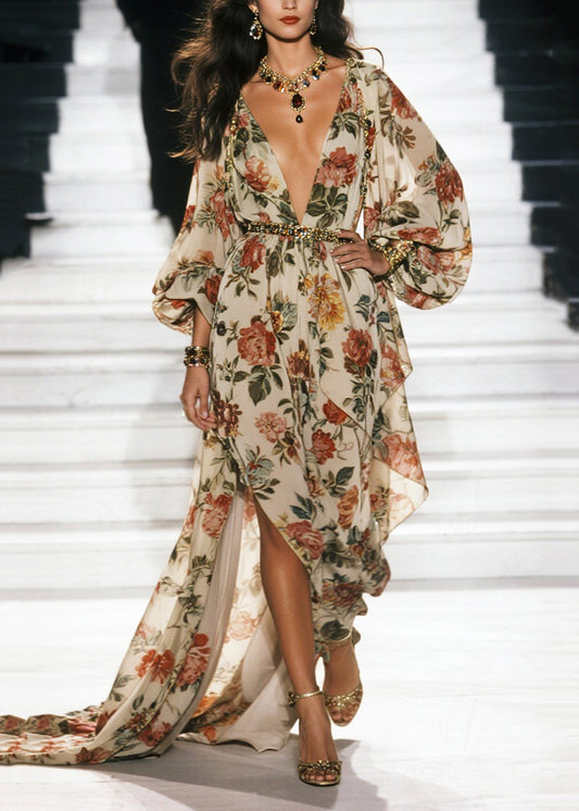 Vestido playero de gasa con dobladillo extragrande y estampado bohemio de albaricoque para primavera