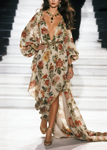 Vestido playero de gasa con dobladillo extragrande y estampado bohemio de albaricoque para primavera