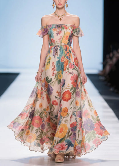 Bohemian Apricot Print Exra Large Hem Chiffon Strapless Dress Summer