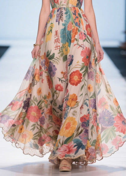 Bohemian Apricot Print Exra Large Hem Chiffon Strapless Dress Summer