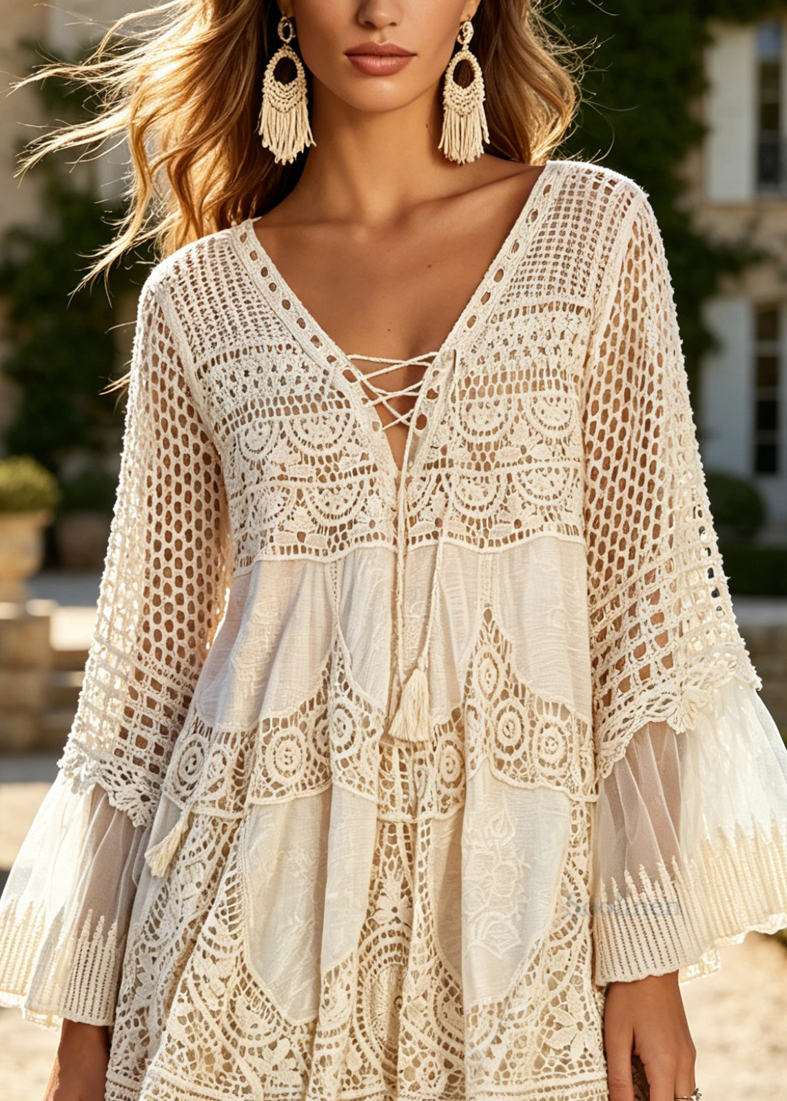 Bohemian Apricot V Neck Hollow Out Knit Top Flare Sleeve
