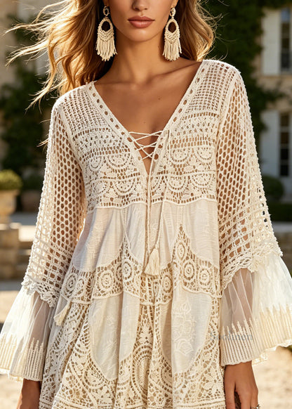 Bohemian Apricot V Neck Hollow Out Knit Top Flare Sleeve
