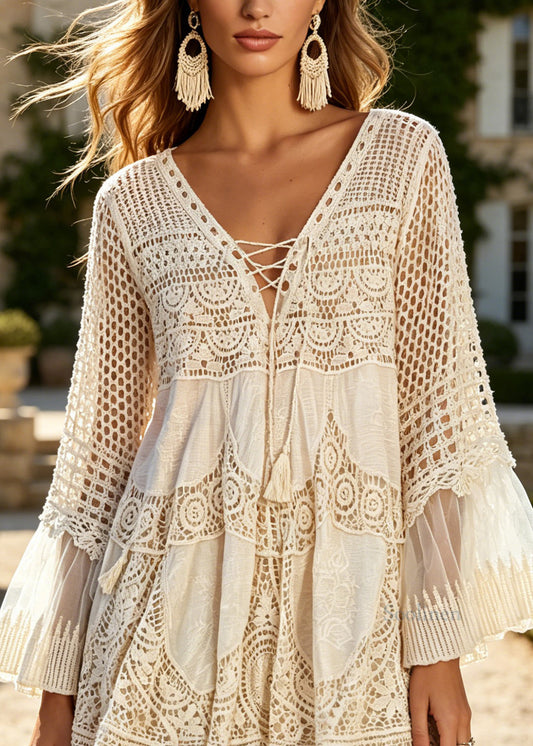 Bohemian Apricot V Neck Hollow Out Knit Top Flare Sleeve