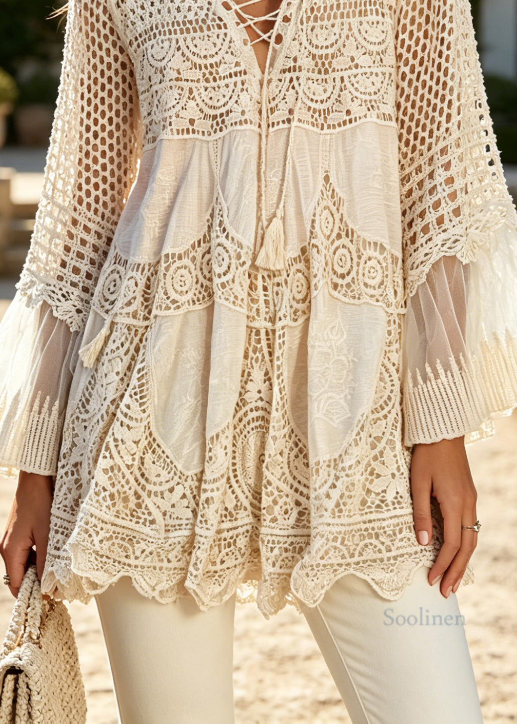 Bohemian Apricot V Neck Hollow Out Knit Top Flare Sleeve