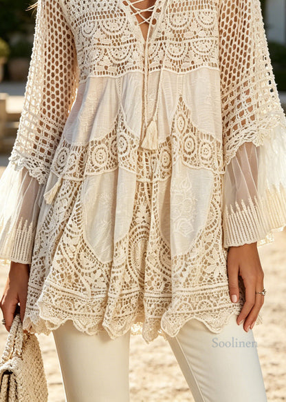 Bohemian Apricot V Neck Hollow Out Knit Top Flare Sleeve