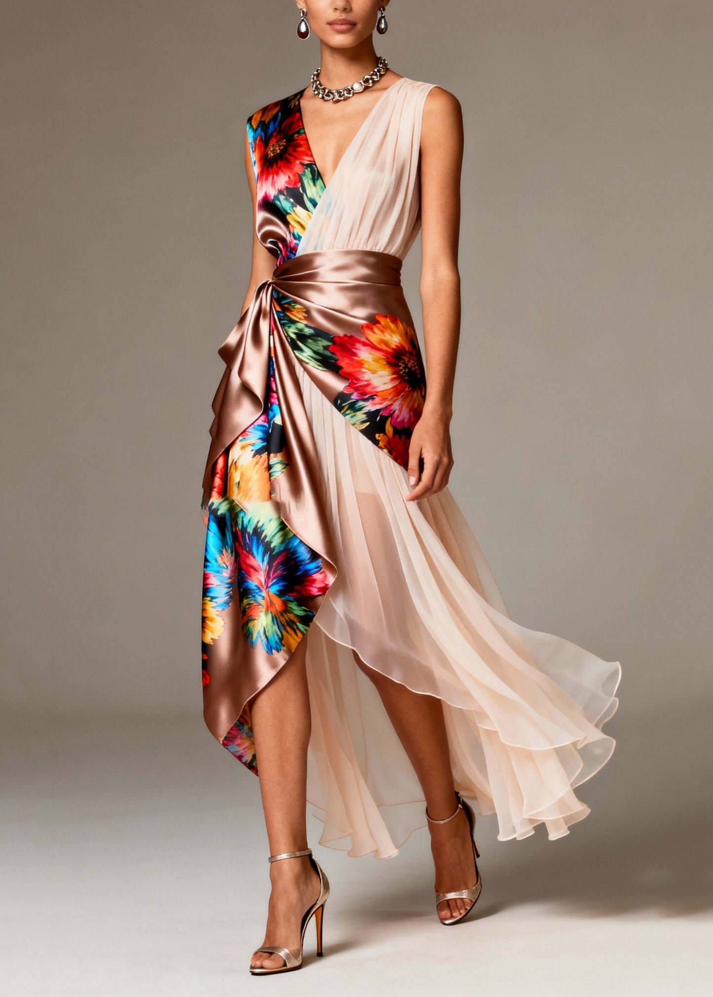 Bohemian Asymmetrical Patchwork Tulle Silk Party Dresses Sleeveless