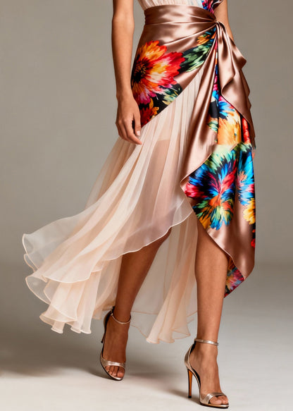 Bohemian Asymmetrical Patchwork Tulle Silk Party Dresses Sleeveless