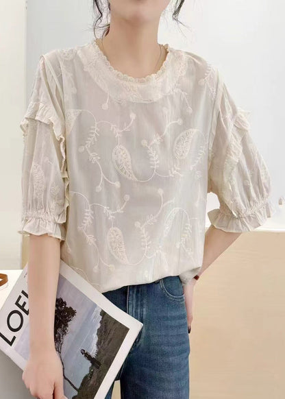 Bohemian Beige Embroideried Cotton Tanks Summer