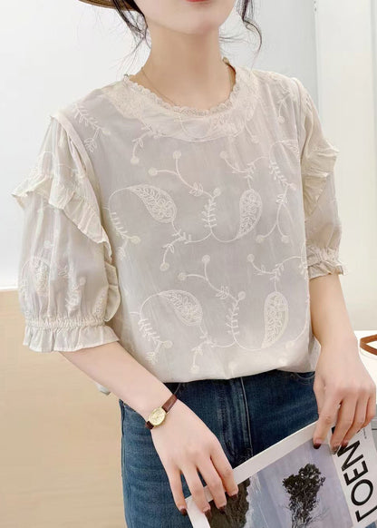 Bohemian Beige Embroideried Cotton Tanks Summer