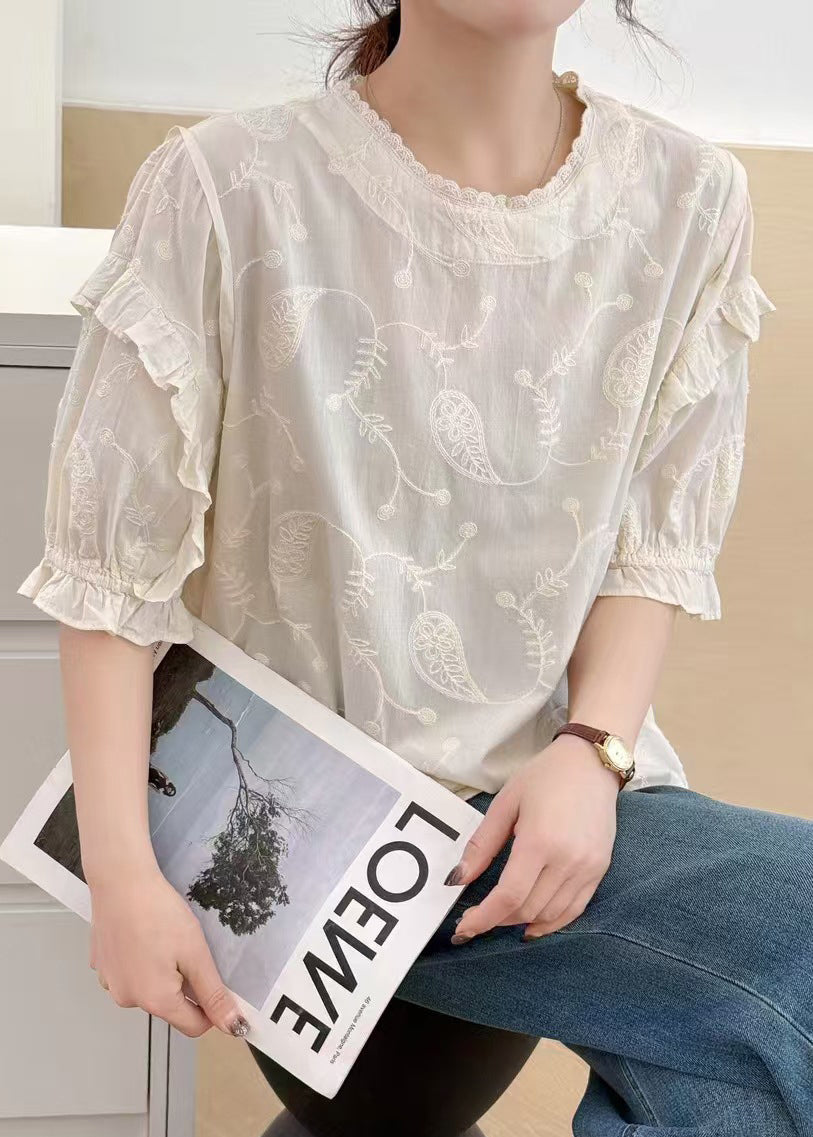 Bohemian Beige Embroideried Cotton Tanks Summer