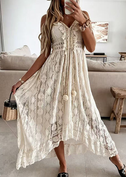 Bohemian Beige Fuzzy Ball Decorated Sheer Lace Dress Summer