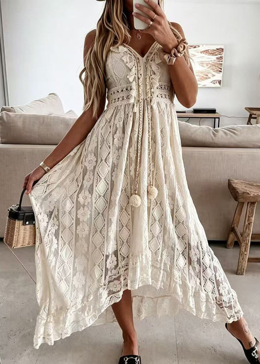 Bohemian Beige Fuzzy Ball Decorated Sheer Lace Dress Summer