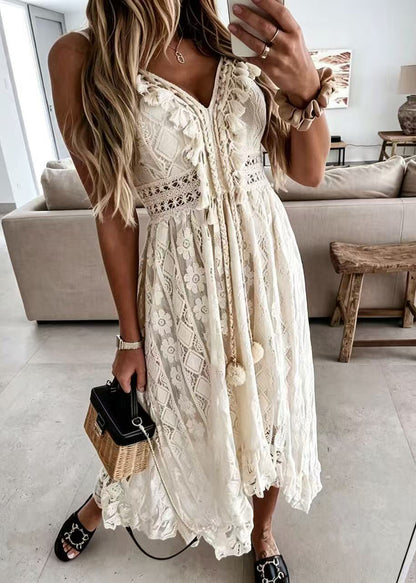 Bohemian Beige Fuzzy Ball Decorated Sheer Lace Dress Summer