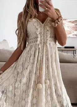 Bohemian Beige Fuzzy Ball Decorated Sheer Lace Dress Summer
