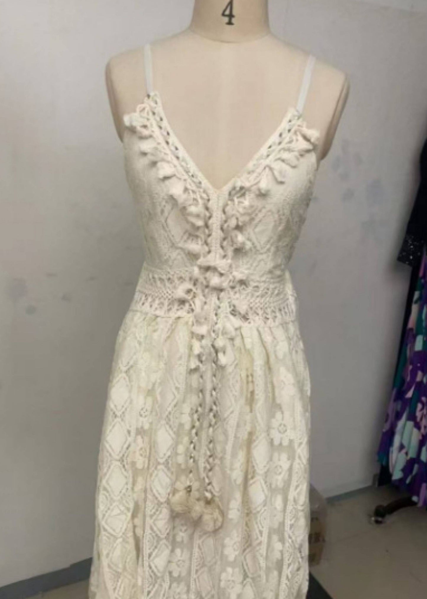 Bohemian Beige Fuzzy Ball Decorated Sheer Lace Dress Summer