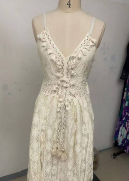 Bohemian Beige Fuzzy Ball Decorated Sheer Lace Dress Summer