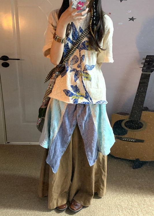 Tops de lino con estampado bohemio beige de gran tamaño para verano